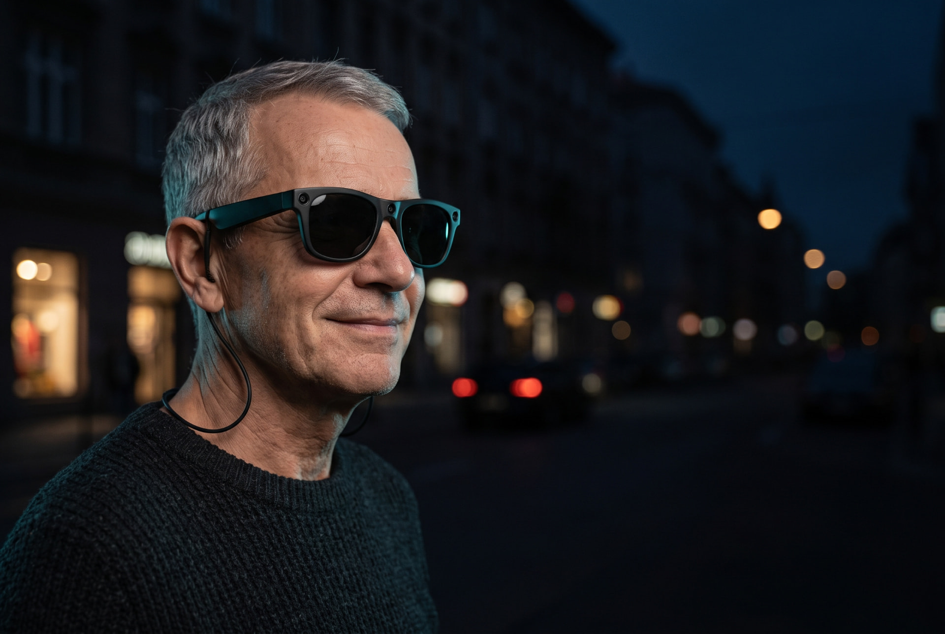 A man at dusk wearing eyesee glasses
